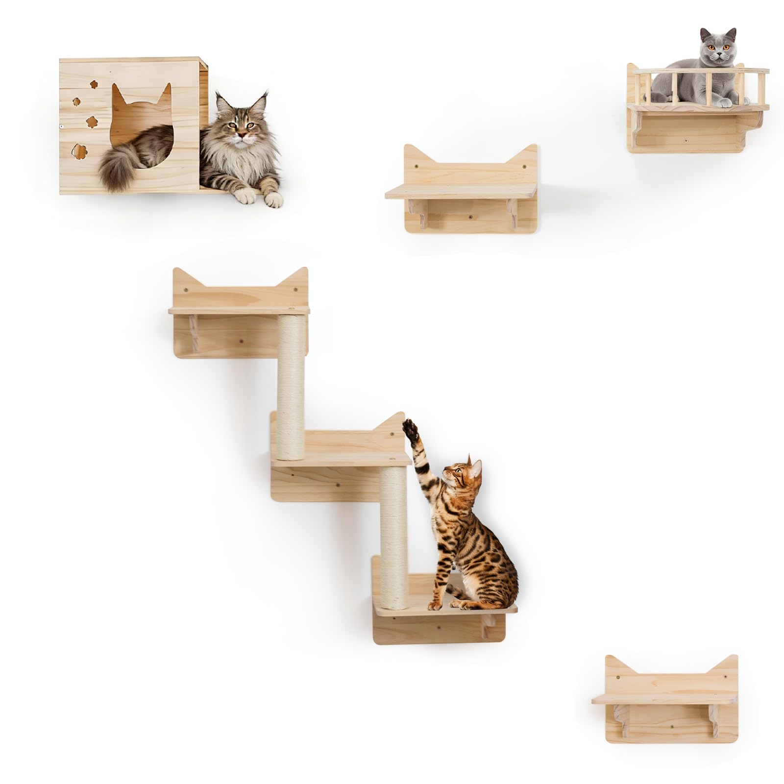 Cat Wall Shelves for Large Cats, 9PCS Solid Pine Cat Wall Furniture Set with House, Ladder Steps & Sisal Scratching Posts, Sturdy Mounted Climbing Shelves for Indoor Cats