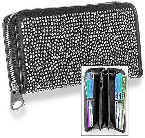 HANDBAG EXPRESS Rhinestone Bling Small Accordion Wallet Vegan Leather for Women for Cash Coin (7343-BK (Bling Black))