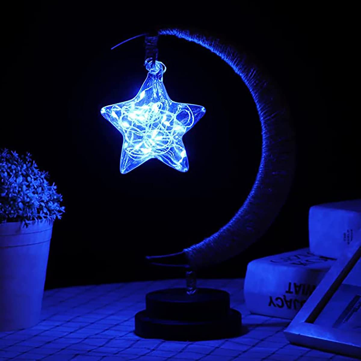 LED Decorative Lamp Star Moon Lamp Table Lamp 3D Magic Moonlight Wrought Iron Night Light Christmas Home Decoration Office Birthday Gift USB Power Supply (Pentagram Blue) — image 1