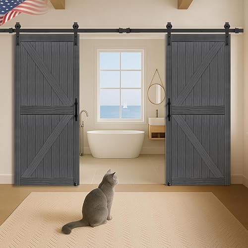 Miniatura 34 de S&Z TOPHAND® - Puerta doble de 18 x 84 pulgadas, de madera de fibropanel de densidad media, con kit de herrajes de 8 pies, panel sólido ajustable