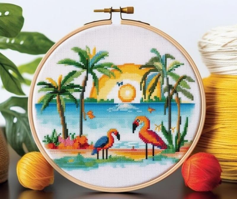 Generic Seaside View and Palm Tree Cross Stitch Kits for Beginners Pattern Stamped Cross-Stitch Supplies Needlework DIY 11CT 3 Strands Cotton Thread Printed DIY Needlepoint Kits 35×35cm (CX239)
