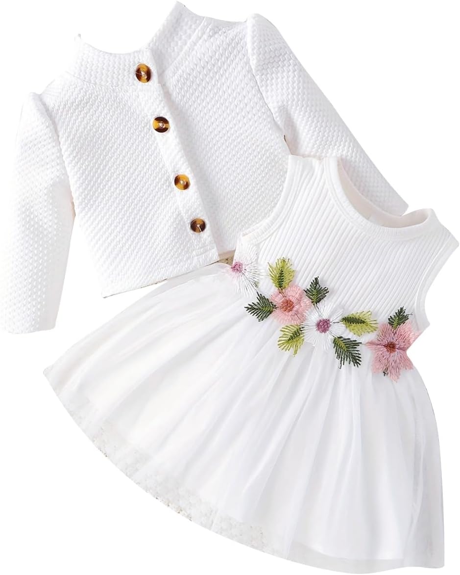 Baby Girls Floral Print Dress Cardigan 2PCS Set Newborn Infant Sleeveless Cotton Dresses with Bow Coat Brithday Dress Toddler Girls Clothes