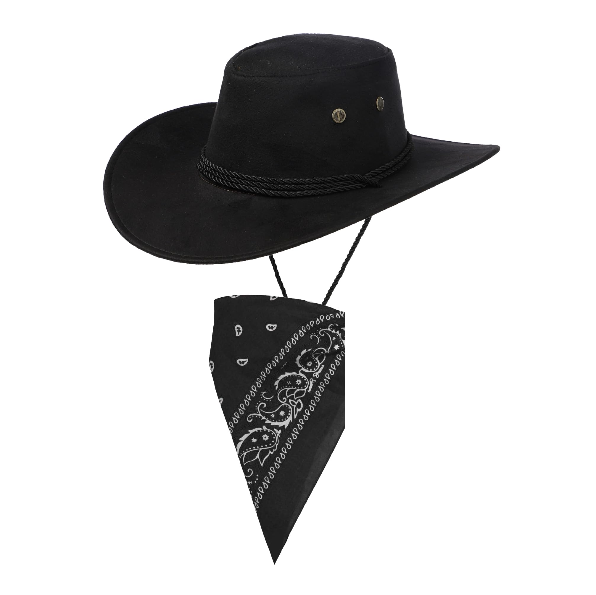 Komonee Black Cowboy Hat and Black Bandana Western Sun Cap Faux Felt Leather Suede Fancy Dress Party Costume Outfit Neckscarf Sun Protection Mens Womens โ image 1