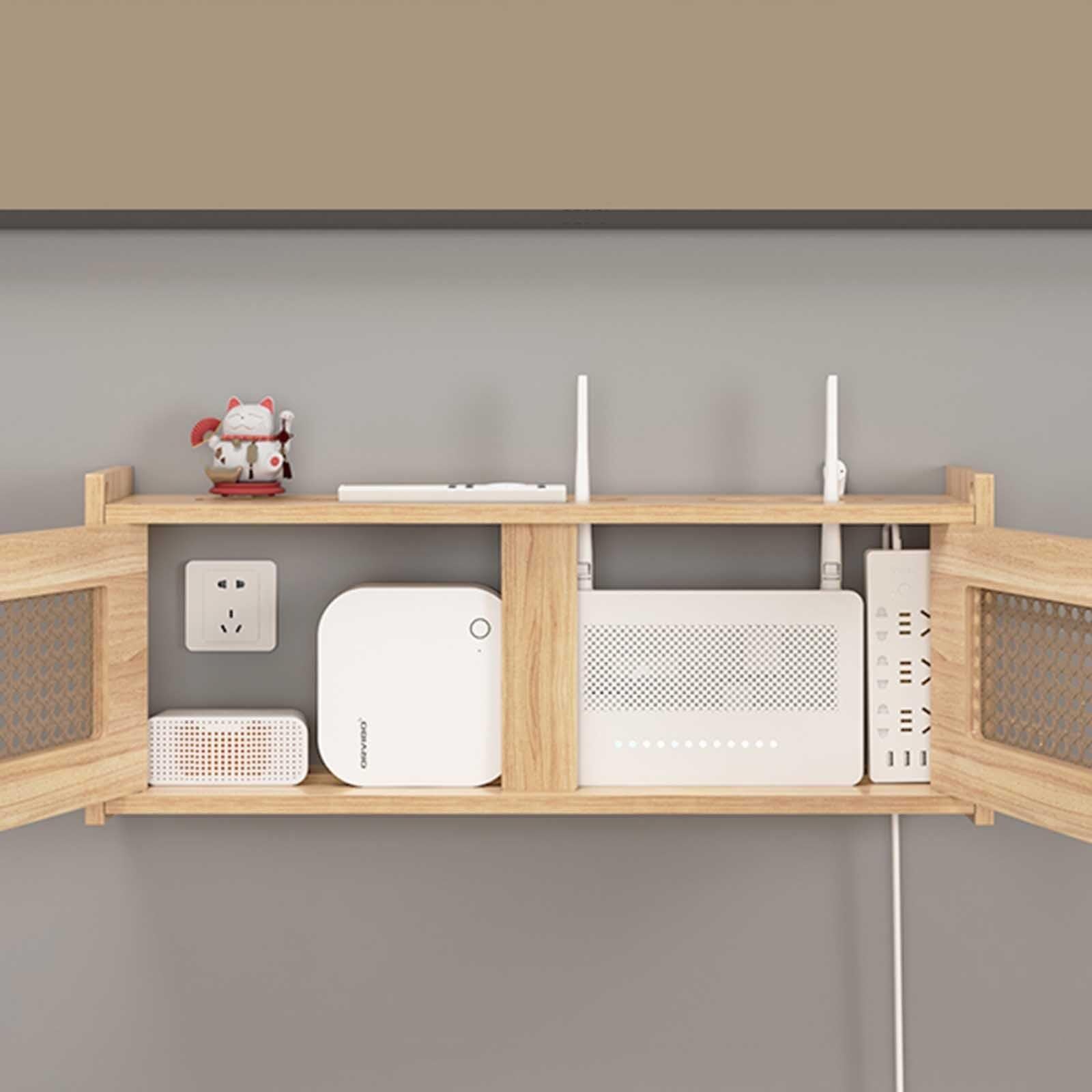 Cable Management Box Wandhalterung Aufbewahrungsbox für WiFi Router Kabel Steckdosen Verstecken Router Schrank aus Holz & Rattan Router Regal für Mediacenter Router Box Signalfreundlich(40x11.5x23cm)