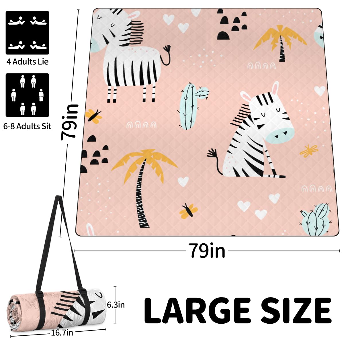 Shimoshe Extra Large Picnic Blankets 79”x 79”, Cartoon Zebra Cubs Waterproof Foldable Picnic Mat with Straps Portable Beach Blanket for Camping Park Grass Beach Indoor