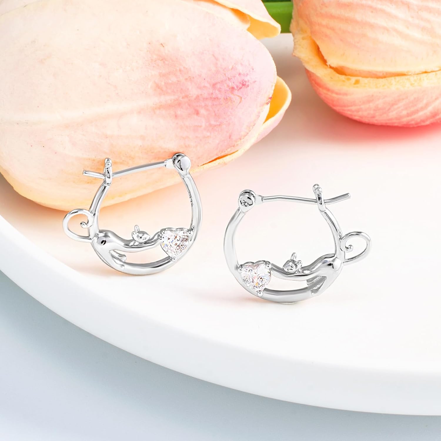 Cat Earrings for Women Sterling Silver Cat Huggie Hoop Earrings with CZ Heart Cute Animal Kitten Pet Hoop Earrings Hypoallergenic Cat Jewelry Gifts Cat Lovers Daughter Birthday - Image 2