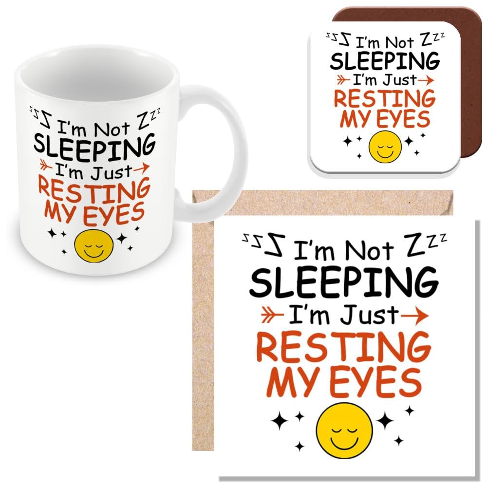 MUGGZ Work Colleague Funny Gift Mug, Card & Coaster - I'm Not Sleeping I'm Just Resting My Eyes - Giftset - Made in The UK