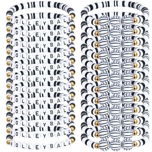 24 Pack Team Gifts Ball Letter Clay Beaded Bracelet Bulk Sport Party Favors Adjustable Sports Charms Bracelets Ball Player Coach Games Day Gifts for Teen Women Man Adults