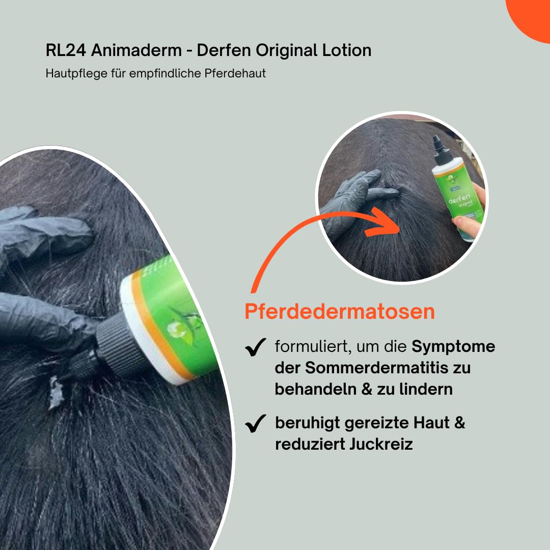 RL24 Animaderm - Derfen Original Lotion – Hautpflege für empfindliche Pferdehaut – Hautlotion für Sommerdermatitis – bei gereizter Haut & Juckreiz – Pferdepflege – 1 x 250 ml