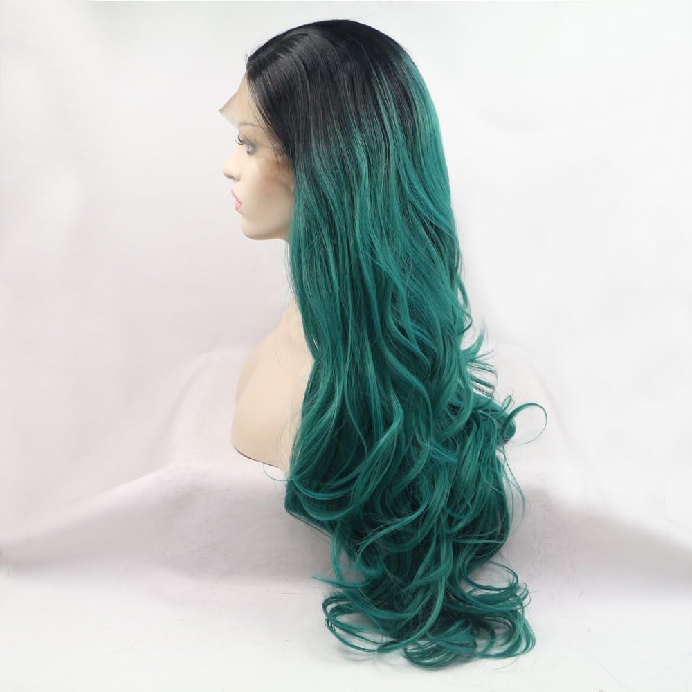 Xiweiya Wig 1B# Dark Green Body Wave Lace Front Wig Synthetic Ombre Green Heat Resistant Fiber for Women Drag Queen 24" - Image 2