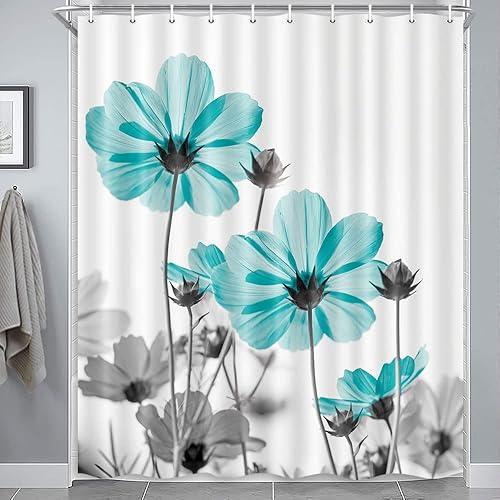 Miniatura 2 de MERCHR Cortina de ducha floral única para decoración de baño, diseño de margaritas verde azulado y gris, elegante diseño de flores silvestres con
