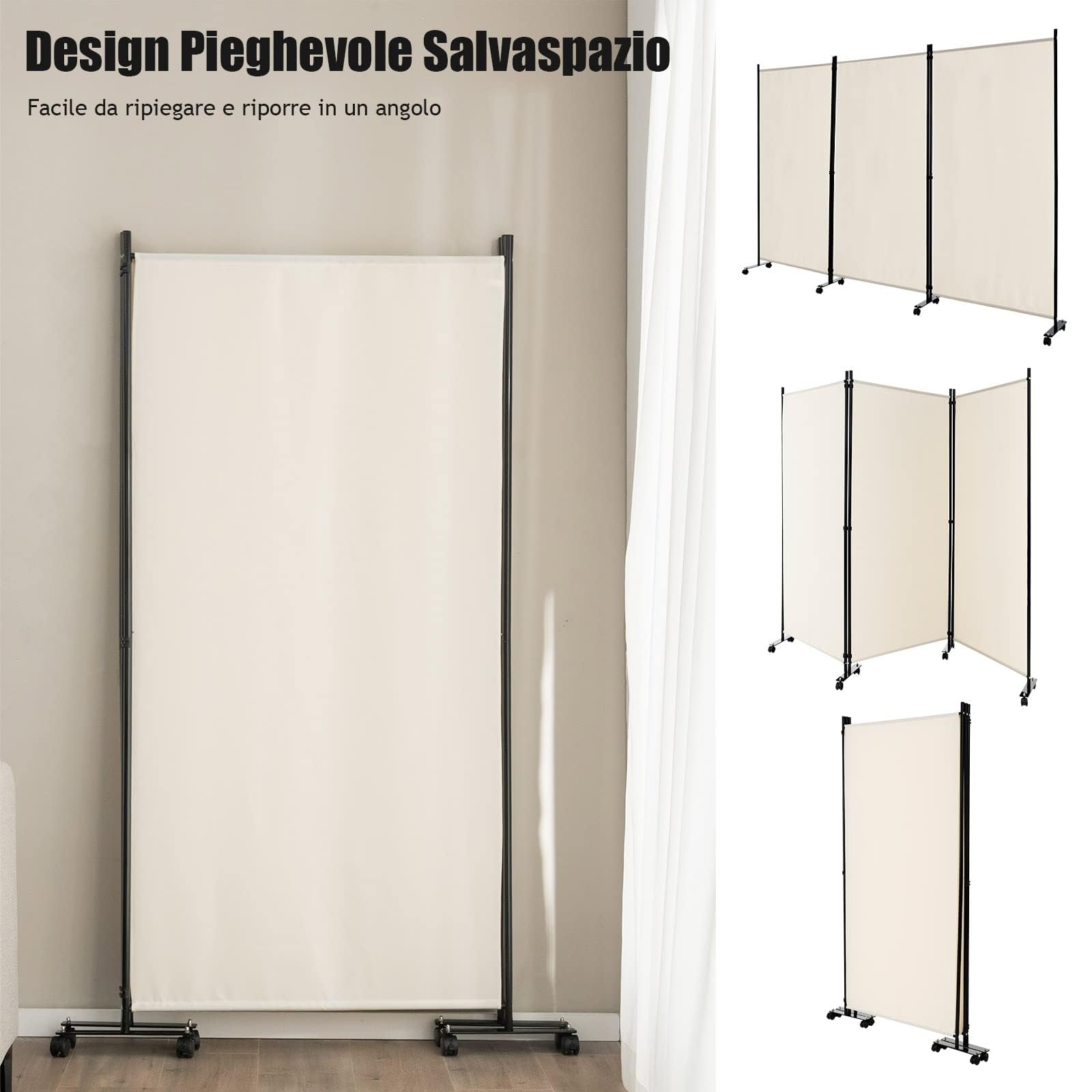 GYMAX Paravento con Ruote, da Interno Esterno, in Metallo, Piedini Stabili, Separé Divisorio, per Soggiorno, Camera da Letto, Ufficio (3 Pannelli, Beige)