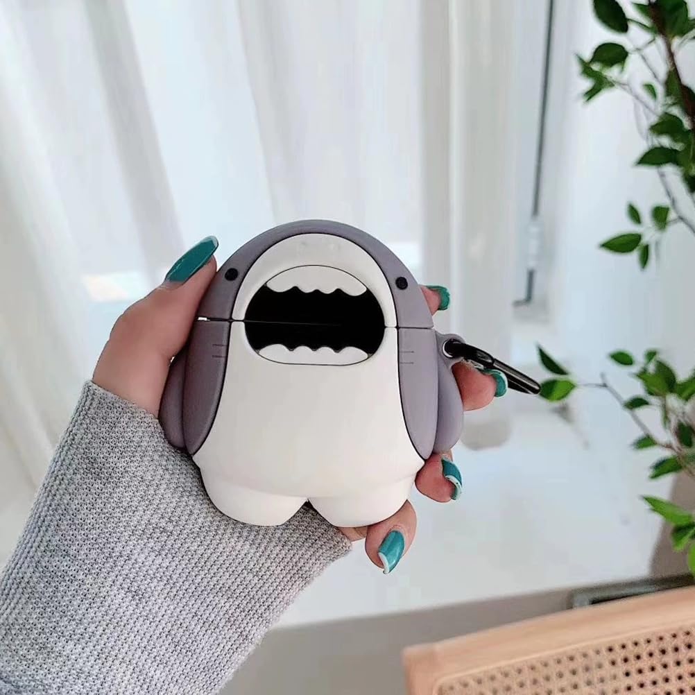 Cute Case for AirPods 1/2 Case Cover with Cleaner kit, Airpods Cases Women Anti-Drop Silicone iPods 2 Earbuds Accessorie Charging Cases Girl Keychain for Airpods 1st/2nd Generation (Shark) image 4