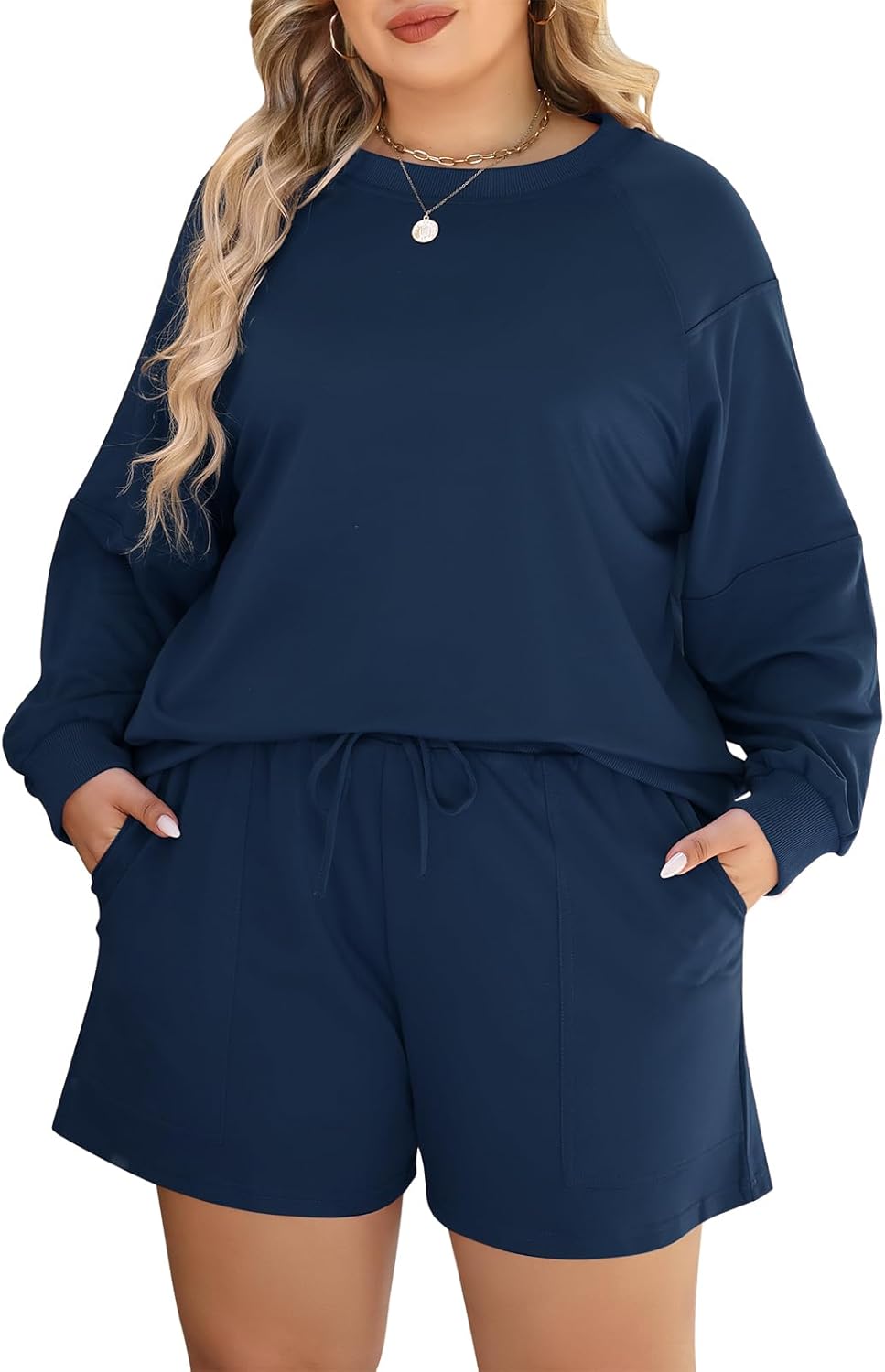 Nemidor Plus Size Fall Sweatsuit for Women Spring Matching Lounge Sets Casual Long Sleeve Top and Shorts Outfits 2 Piece