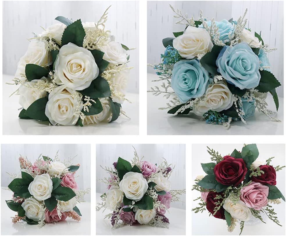 Fake Flowers, Wedding Bouquets for Bride Bridesmaid, Champagne Rose, Vintage Artificial Silk Simulation Flowers for Wedding Party Home Decor Valentine's Day Gifts (Blue)