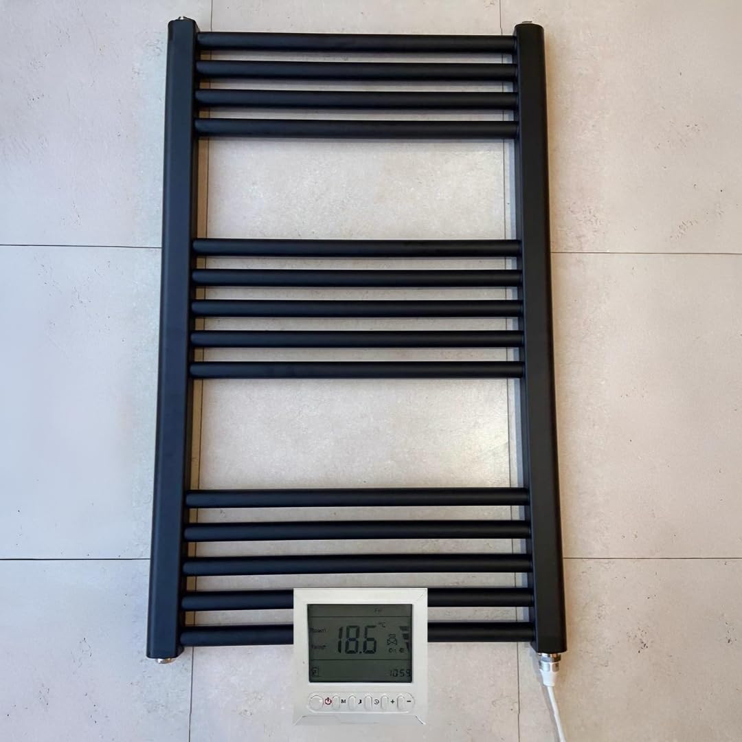 Greened House Matt Black 500W X 800H Black Electric Straight Heated Bathroom Towel Rail + Timer And Room Thermostat