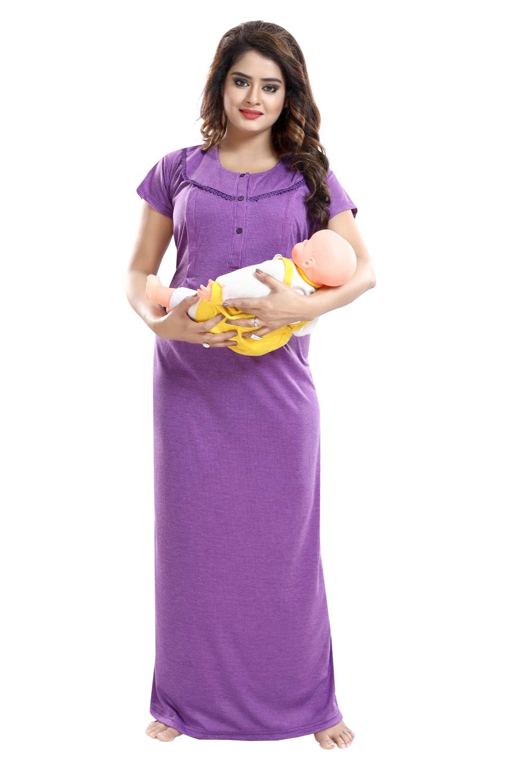 FabmeWomen's Cotton Textured Floor Length Nursing Nighty