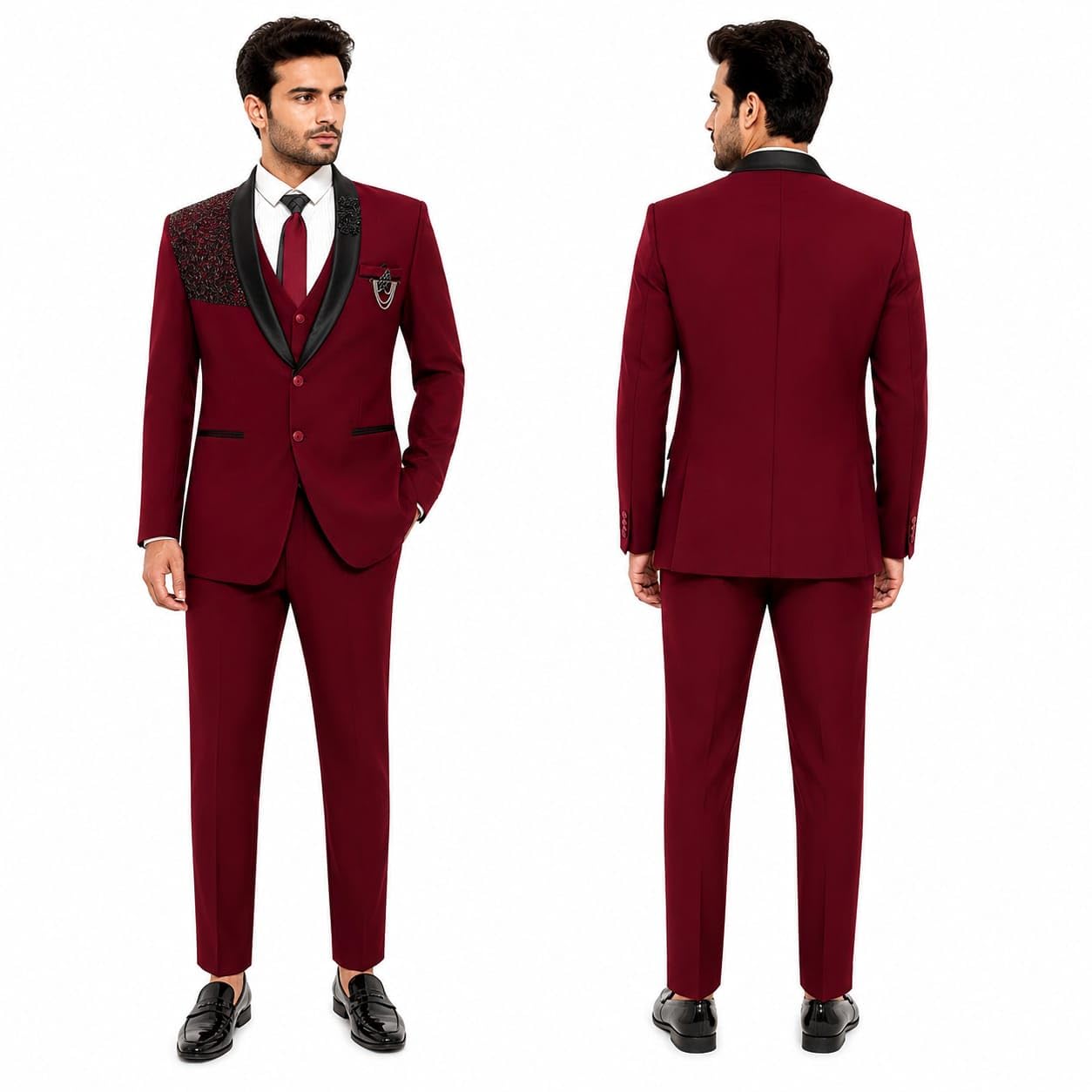 Men's Maroon Tuxedo Suit with Blazer, Vest, Shirt, Tie and Pant-picture-15