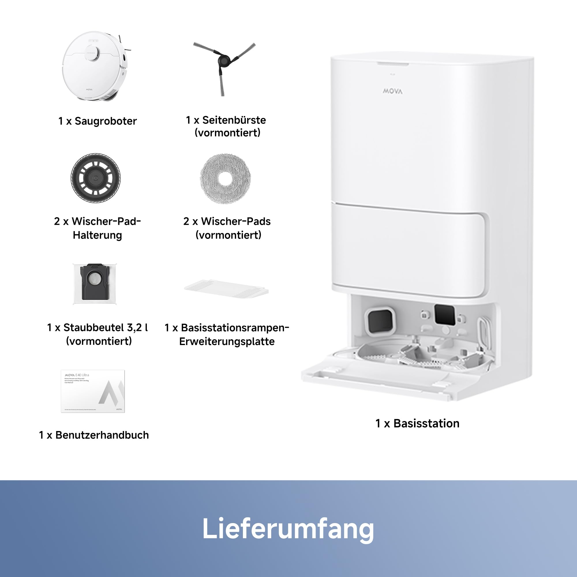 Mova E40 Ultra Saugroboter mit Wischfunktion, Autom. Leerung und 19.000 Pa, MaxiReach-Wischmopp-T., Verhedderungsfreie Seitenbürste, Eingeb. 80-ml-Wasserb, All-in-One-Station zu 75 Tage Reinigung