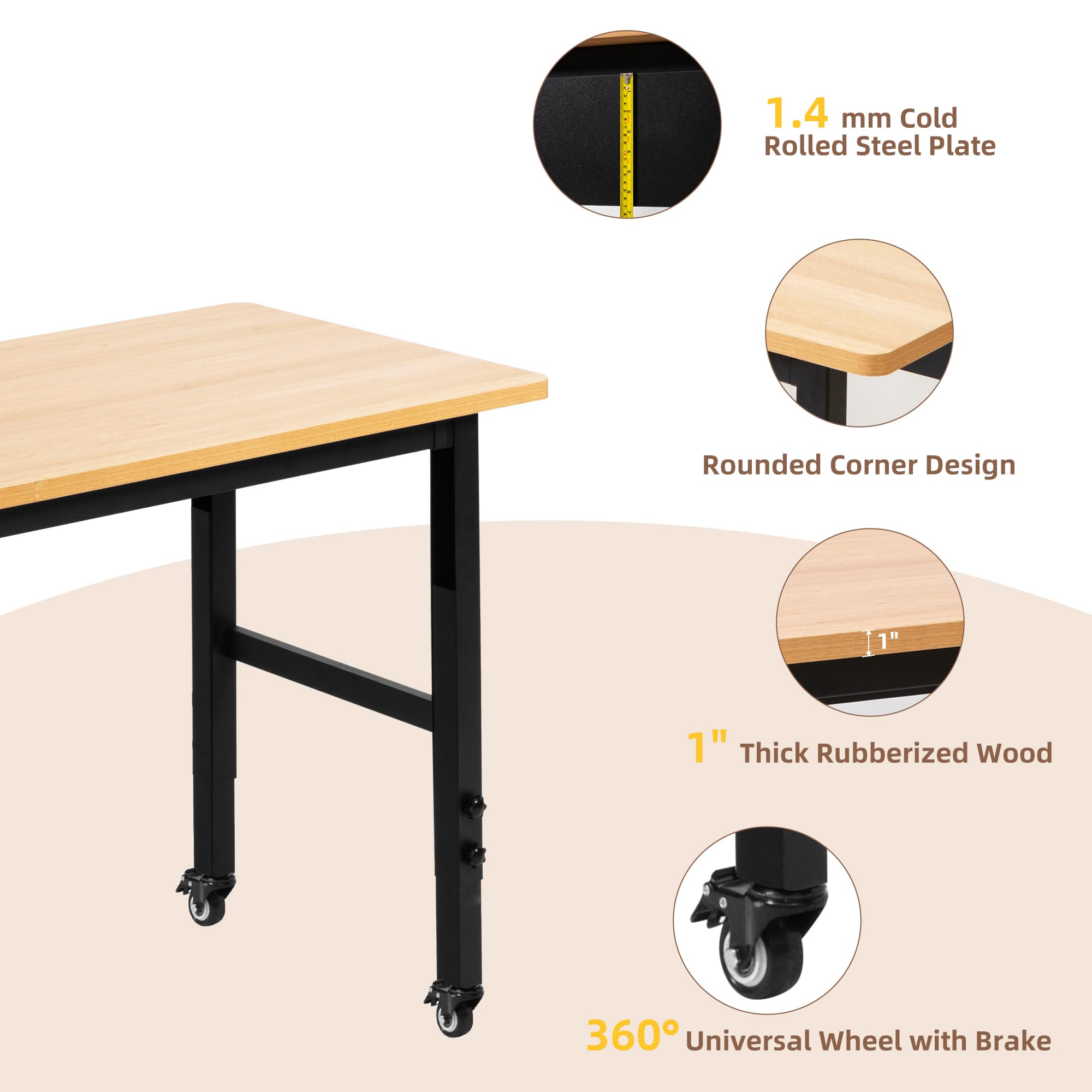 Banco de trabajo ajustable con ruedas, mesa de trabajo con ruedas para garaje, banco de trabajo de madera dura de gran capacidad, mesa de trabajo resistente para taller, oficina, garaje, hogar
