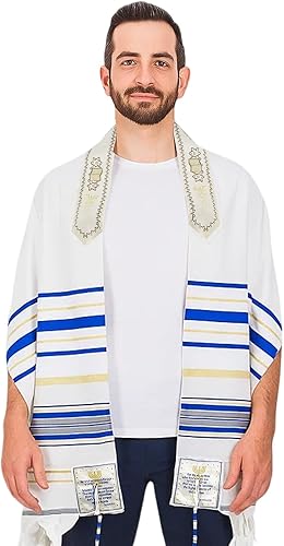 Holy Land Market Mantón mesiánico de oración Tallit azul reydorado con bolsa, tarjeta y folleto a juego de Israel