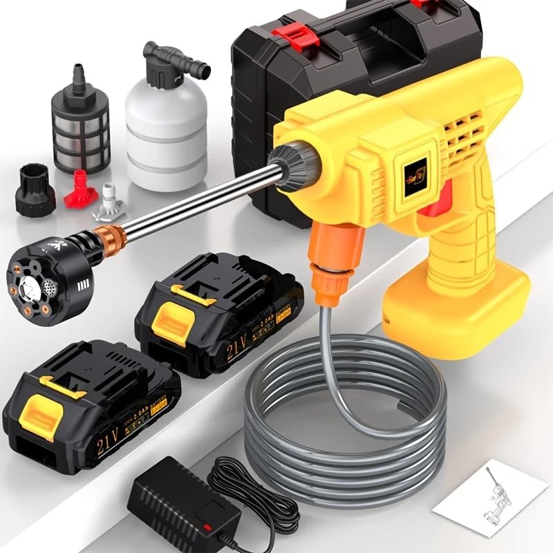 Household car wash Water Gun, Electric car wash Machine, car Mounted Wireless high-Pressure car wash Water Gun Machine, with Quick Connect Nozzle Hose Connector (高压水枪+大容量电池*2配塑盒)