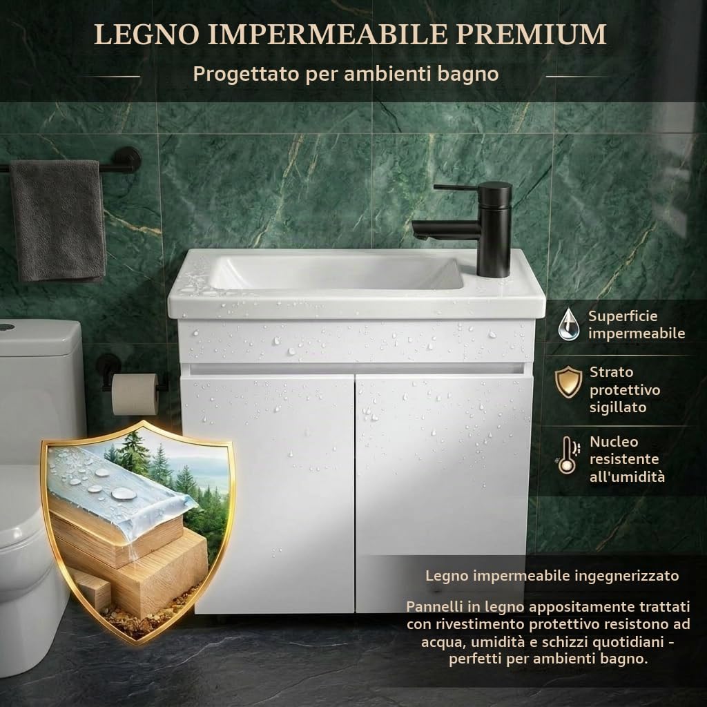 NUESTRA VIDA Mobile sottolavabo 50 cm con mobiletto, set di mobili da bagno con lavabo, mobile da appendere per piccoli bagni, ospiti, WC, senza rubinetto, bianco (50 x 27 x 58 cm)