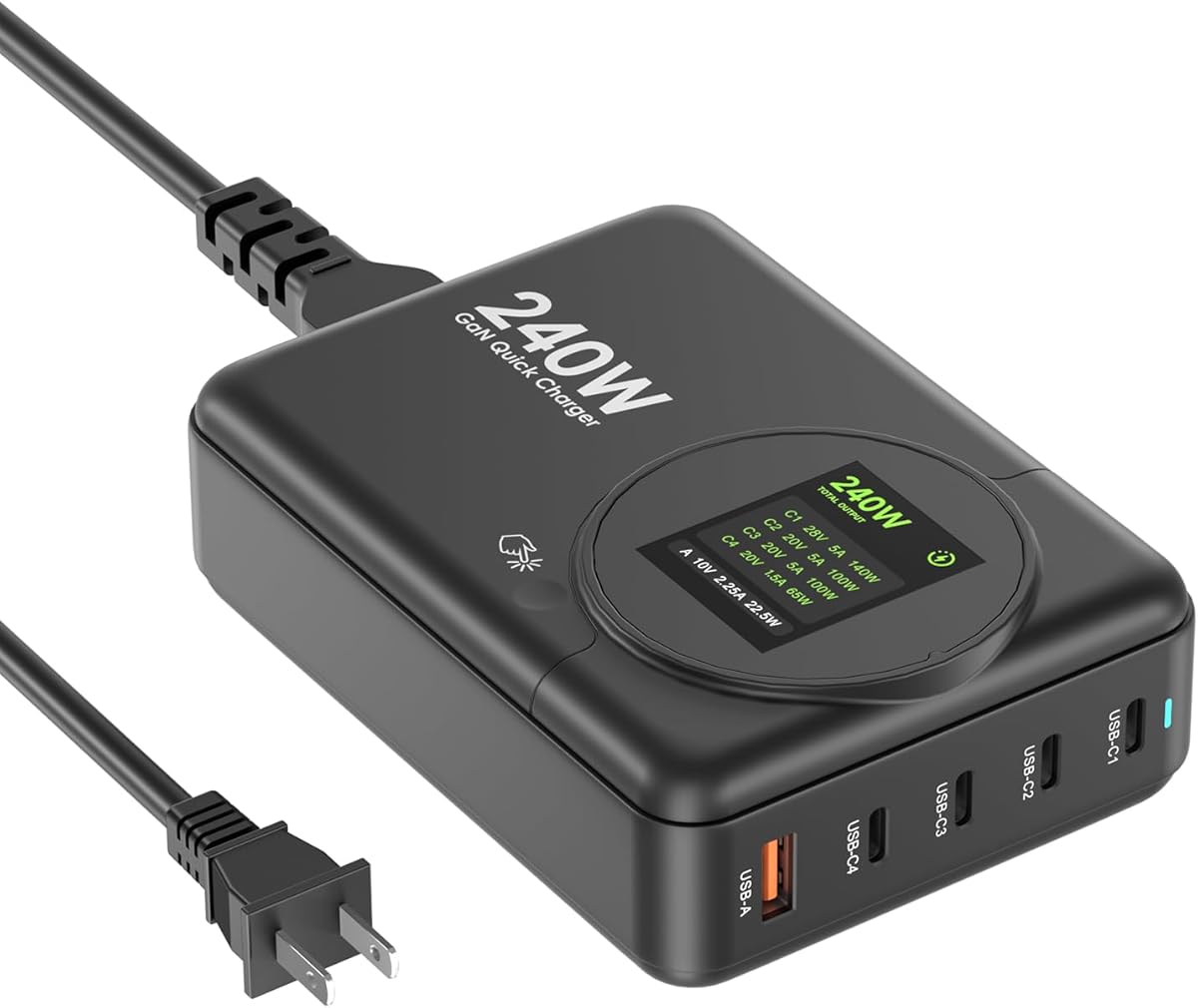 240W GaN Charger, 5-Port USB C Charger with 140W Max PD 3.1 Port, LED Display Desktop Charging Station Adapter for MacBook Pro/Air M3/M2/M1, Laptops, iPhone 15/14, Galaxy S24/S23, iPad, Steam Deck