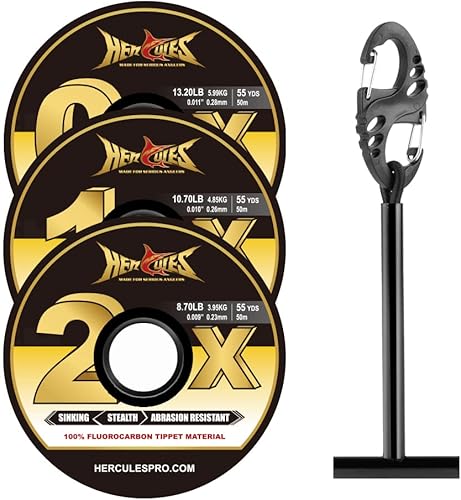 HERCULES Tippet de pesca con mosca, paquete de 3 con soporte para volquetas, 55 yardas