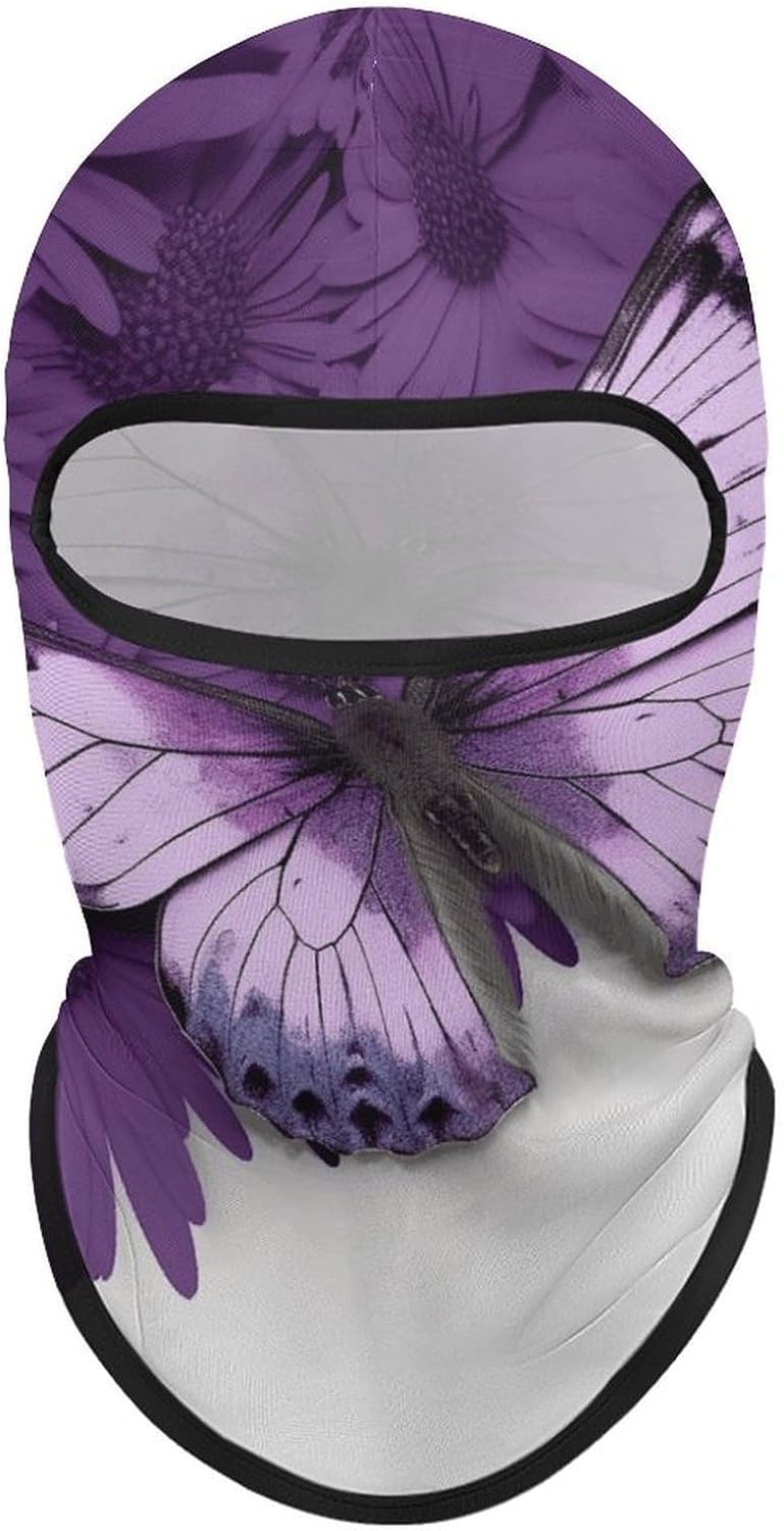 Purple Butterfly Balaclava Ski Mask for Men Women Purple Butterfly Print Full Face Mask Summer Face Cover Thin Cooling UV Protection Neck Gaiter Breathable Windproof Hood for Outdoor Activity