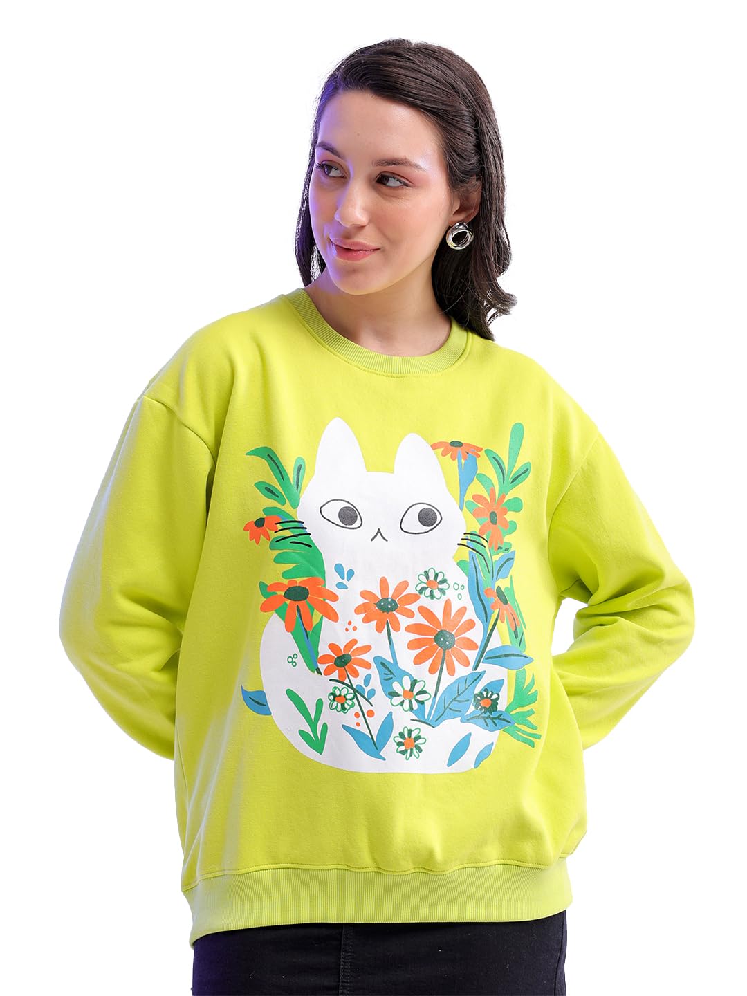 freehand by The Indian Garage Co Women Regular Fit Placement Print Overhead Crewneck Sweatshirt-picture-11