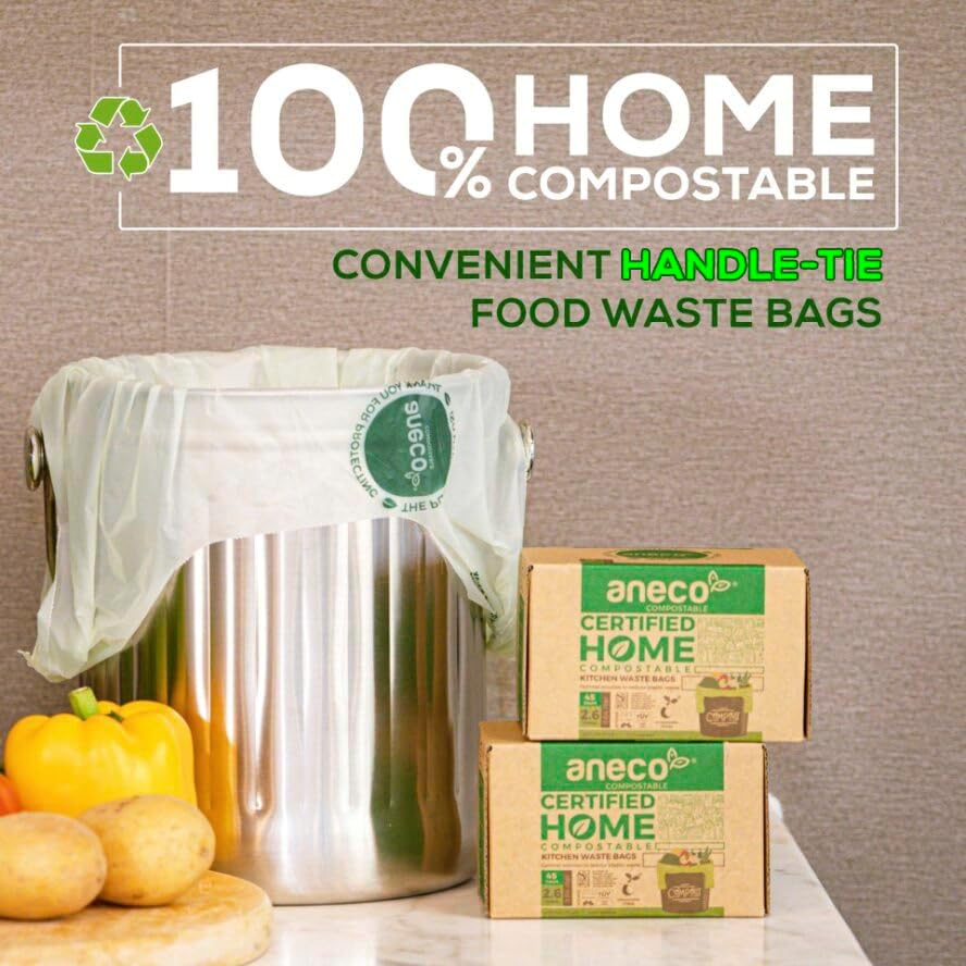 Miniatura 2 de ANECO Bolsas de basura de alimentos 100% compostables de 2.6 galones con asas, pequeñas bolsas de abono para contenedor de encimera, OK compostable