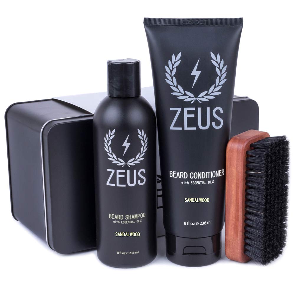 ZEUSStarter Beard Wash & Grooming Kit, Beard Brush & Beard Wash Combo Gift Set for Men (Sandalwood)