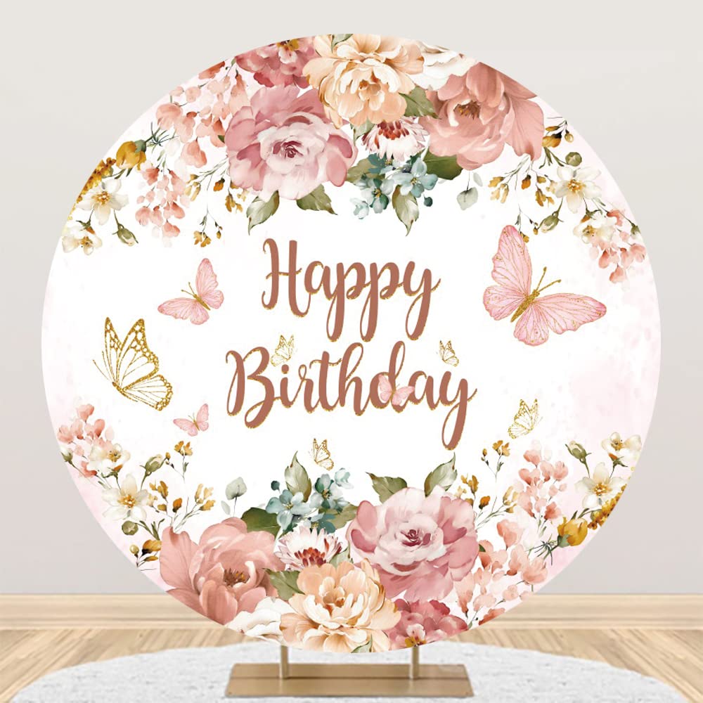 YongFoto Happy Birthday Round Backdrop Cover, Flowers and Butterfly Photography Background for Birthday Party Decor, 7.5ft Photo Studio Booth Props