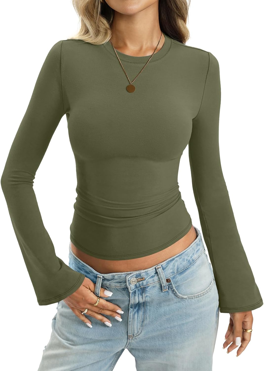 Women Cotton Bell Long Sleeve Shirts Round Neck Fitted Shirt Trendy Going Out Tops Y2K Fall Clothes 2026