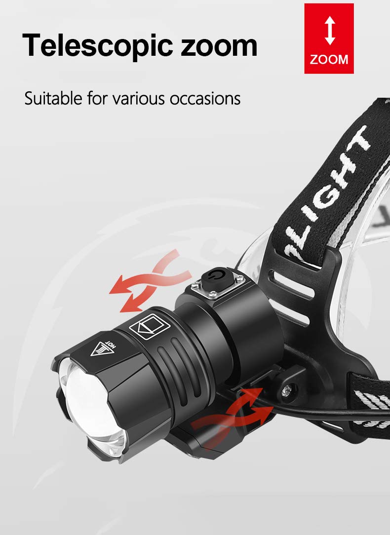 Lampe frontale LED XHP90.2 rechargeable 12000 lumens, lampe frontale LED puissante zoom avec COB et affichage de la puissance 4 modes pour le camping, la réparation de voiture
