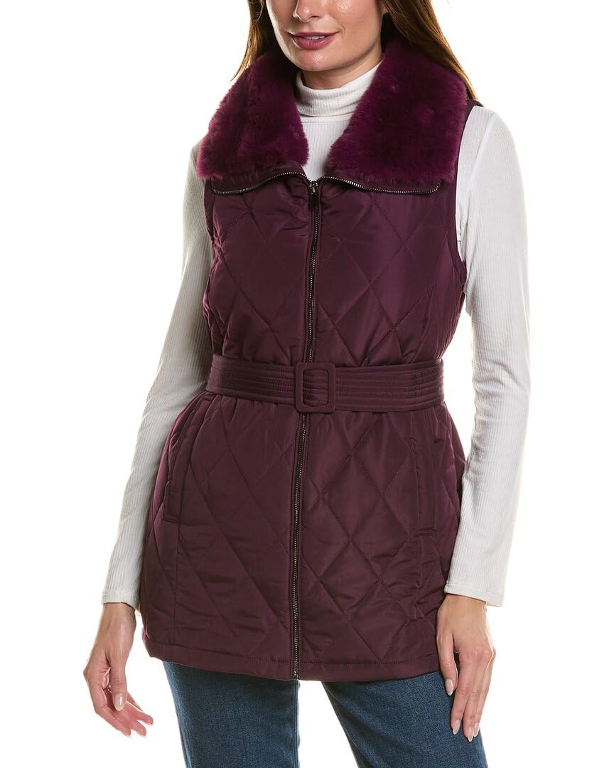 Anne Klein Womens Quilted Vest W Belt Faux Fur Collar