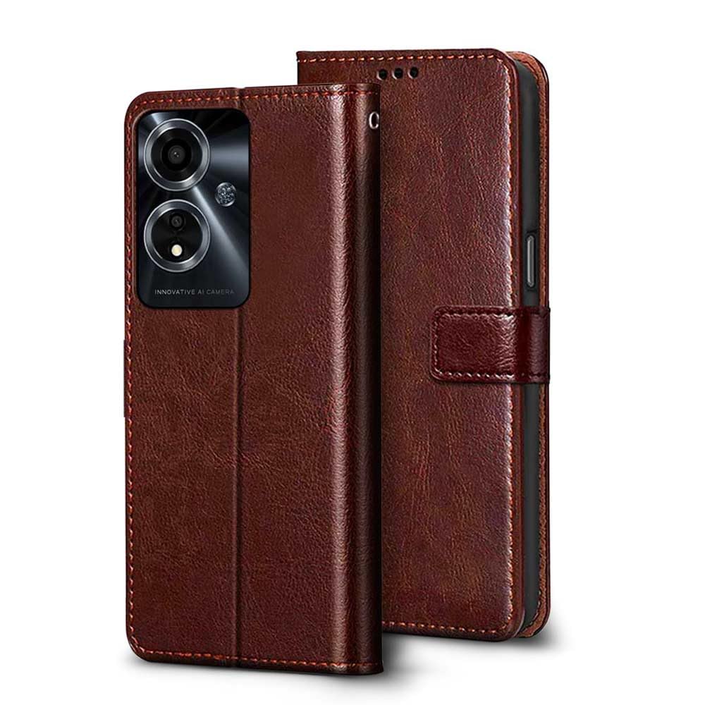 WOW IMAGINE Oppo A59 5G Flip Case Cover Leather Finish | Inside TPU with Card Pockets | Wallet Stand | Magnetic Closing | Complete Protection Flip Cover (Brown)