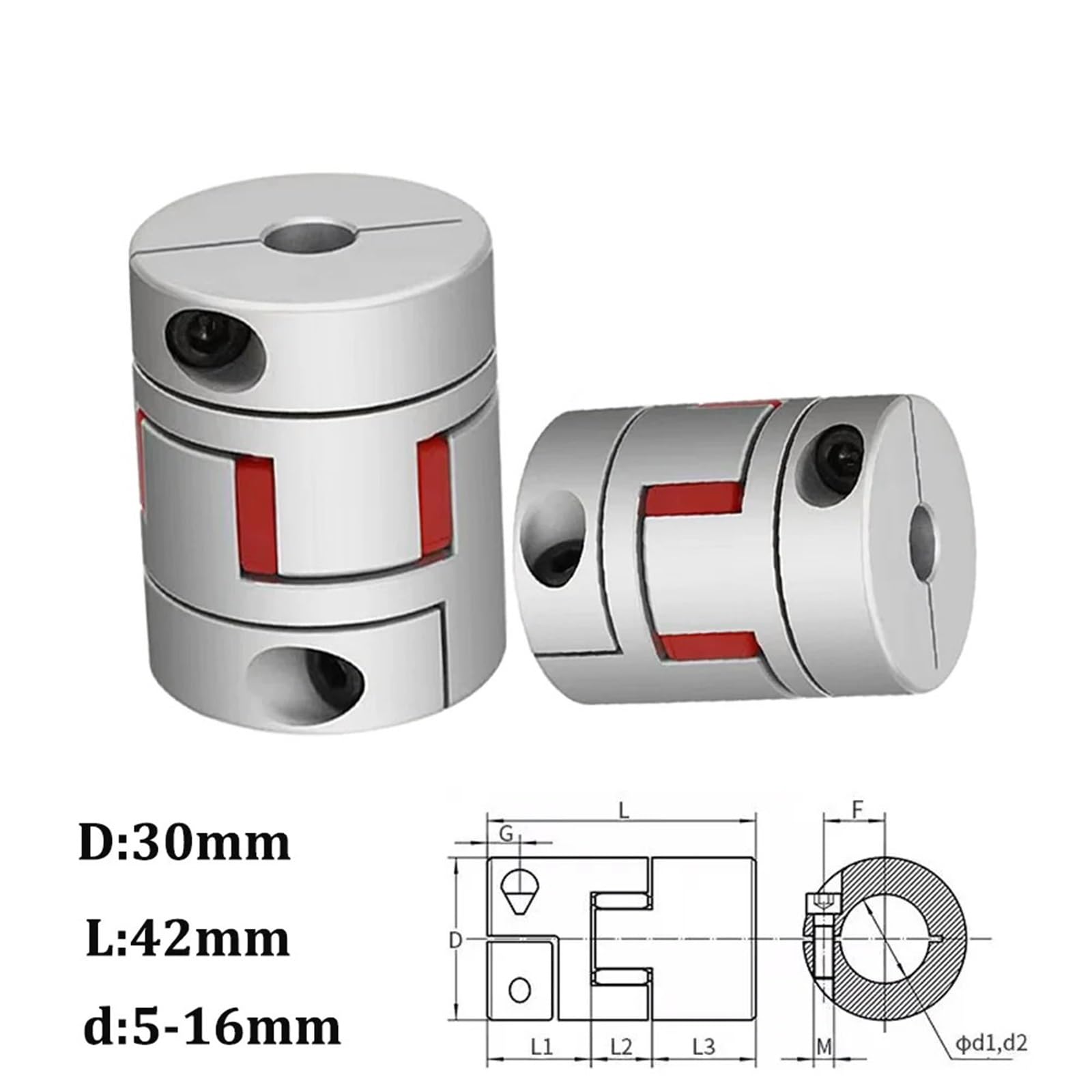 D30L42-Kupplung, D30-L42-Aluminium-Pflaume, flexible Welle, BW-Kupplung, Motoranschluss, Vollgummi-Pad, 5 mm-16 mm(6.35x8mm)