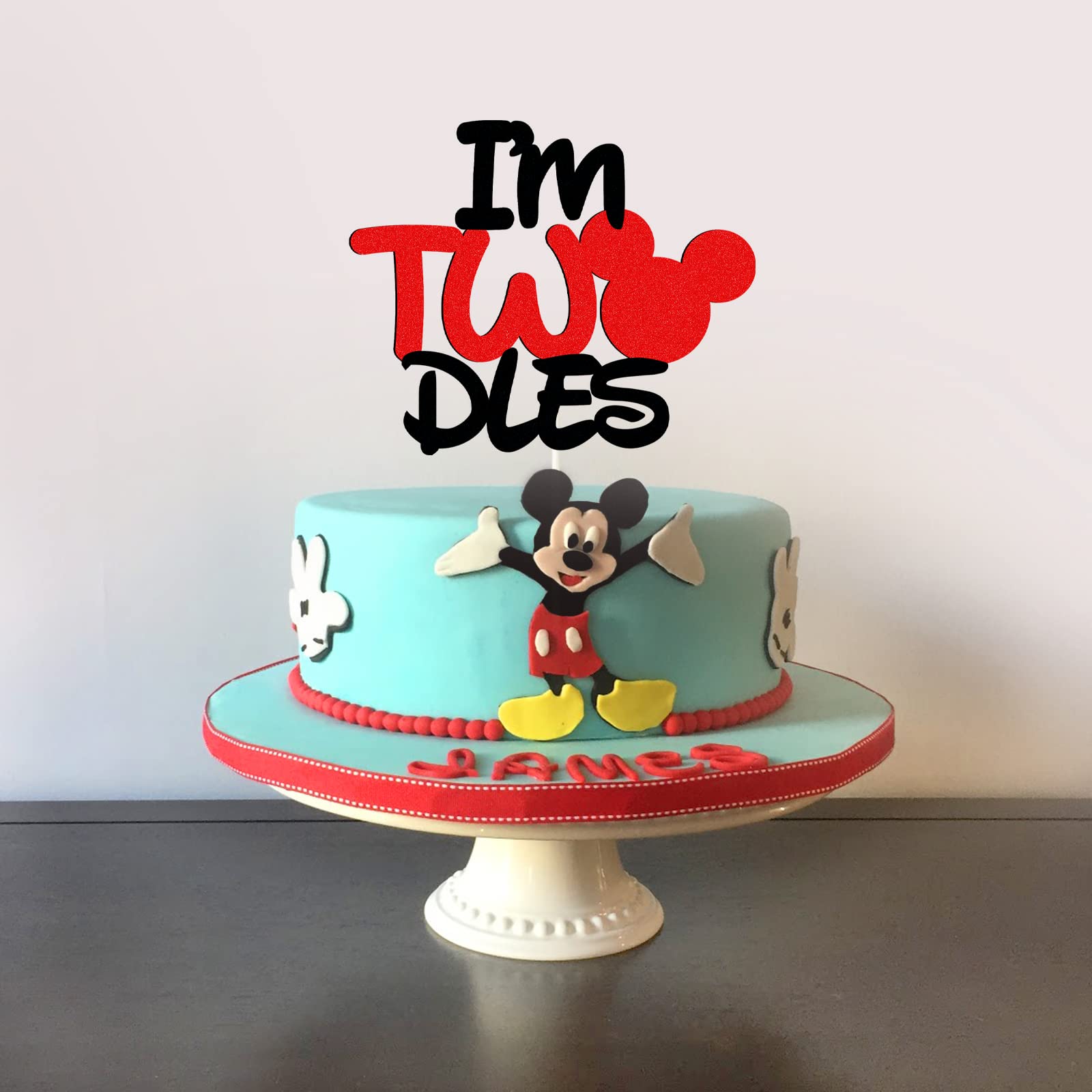 Mickey 'Twodles' 2nd Birthday Cake Topper – Double-Sided Glitter, Food Grade Stick, Mickey Mouse Party Decorations