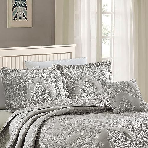 Home Soft Things Damask 4 Piece Bedspread Set, Scalloped Edge Reversible Quilt Coverlet Comforter Prewashed Bedding Set, Matelasse Embossed Floral Solid Pattern,Ash Gray Oversize Queen(110" x 120")