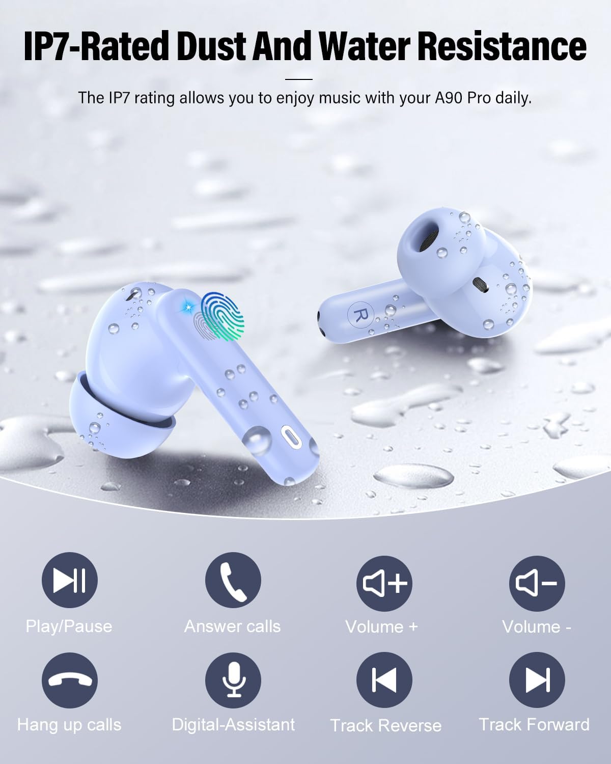 Wireless Earbuds, Bluetooth 5.4 Headphones Bass Stereo, Ear Buds with Noise Cancelling Mic, LED Display in Ear Earphones Clear Calls, IP7 Waterproof Bluetooth Earbuds for Laptop/Phones, Pale Blue - Image 8