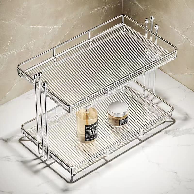 LERFOT Bathroom Organizer Countertop, 2 Tier Bathroom Vanity Tray for Perfumes, Makeups, Toiletries and Skincare, Cosmetic Storage Rack,Jewelry, Decorative Metal Vanity Tray (Silver)