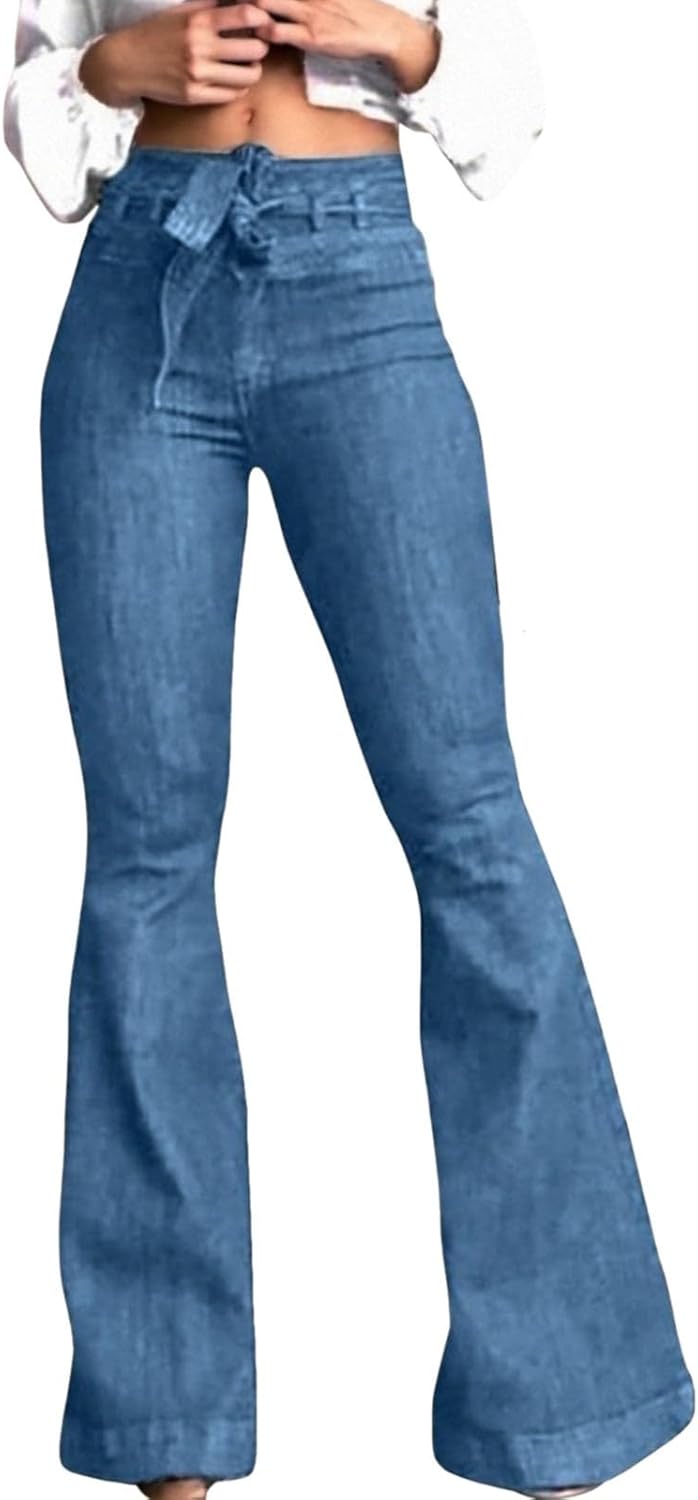 Womens Flare Jeans High Waisted Bottom Stretch Wide Leg Denim Pants with Lifting Tie Belt for Everyday Wear