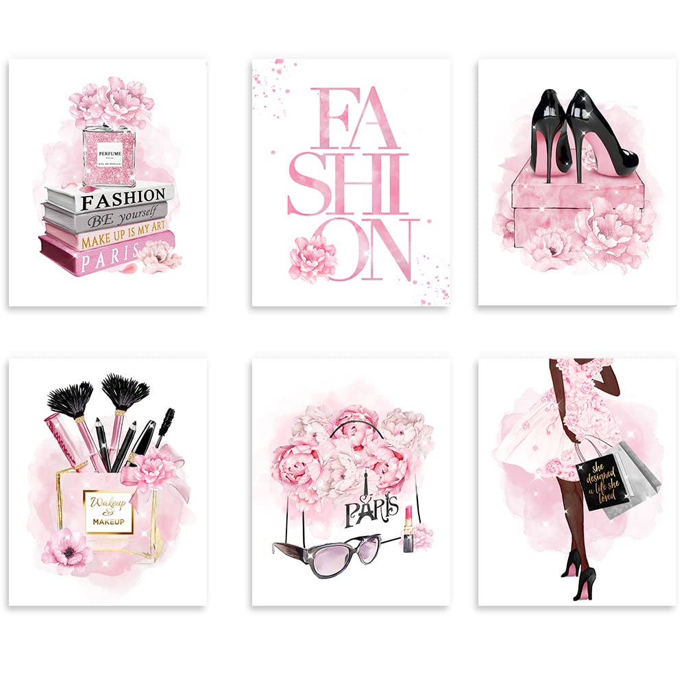 African American Wall Art Fashion Wall Decor Black Girl Canvas Poster, Pink Flowers Perfume Handbags High Heels Prints Wall Pictures Paintings for