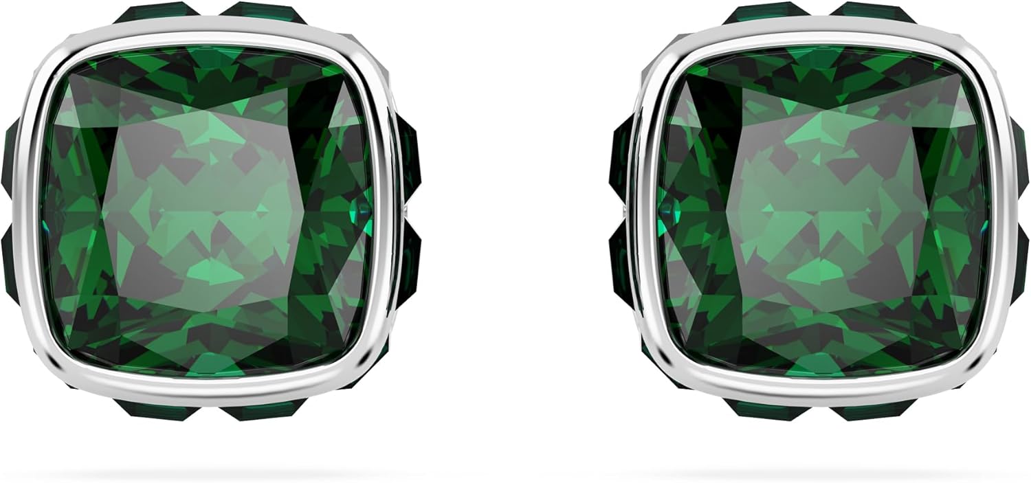 Swarovski Birthstone stud earrings, Square cut, May, Green, Rhodium Finished