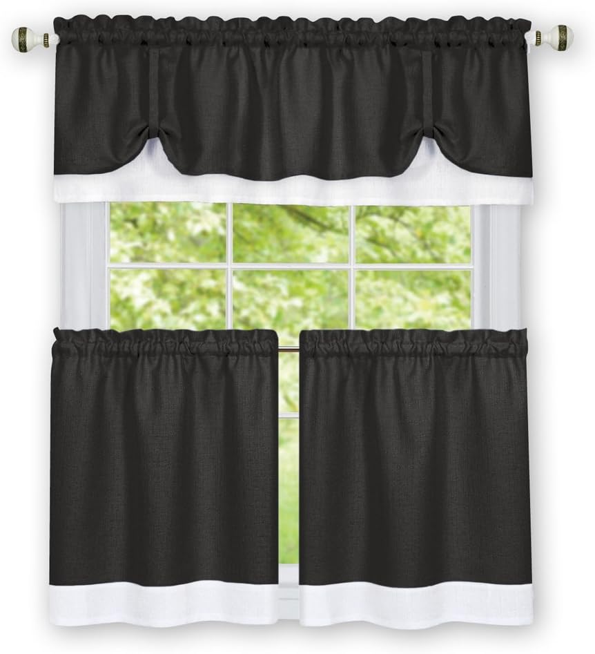 Collections Etc Darcy Two-Tone Rod Pocket Café Curtain Tiers - 2 Piece Set, Black, 58" X 36"