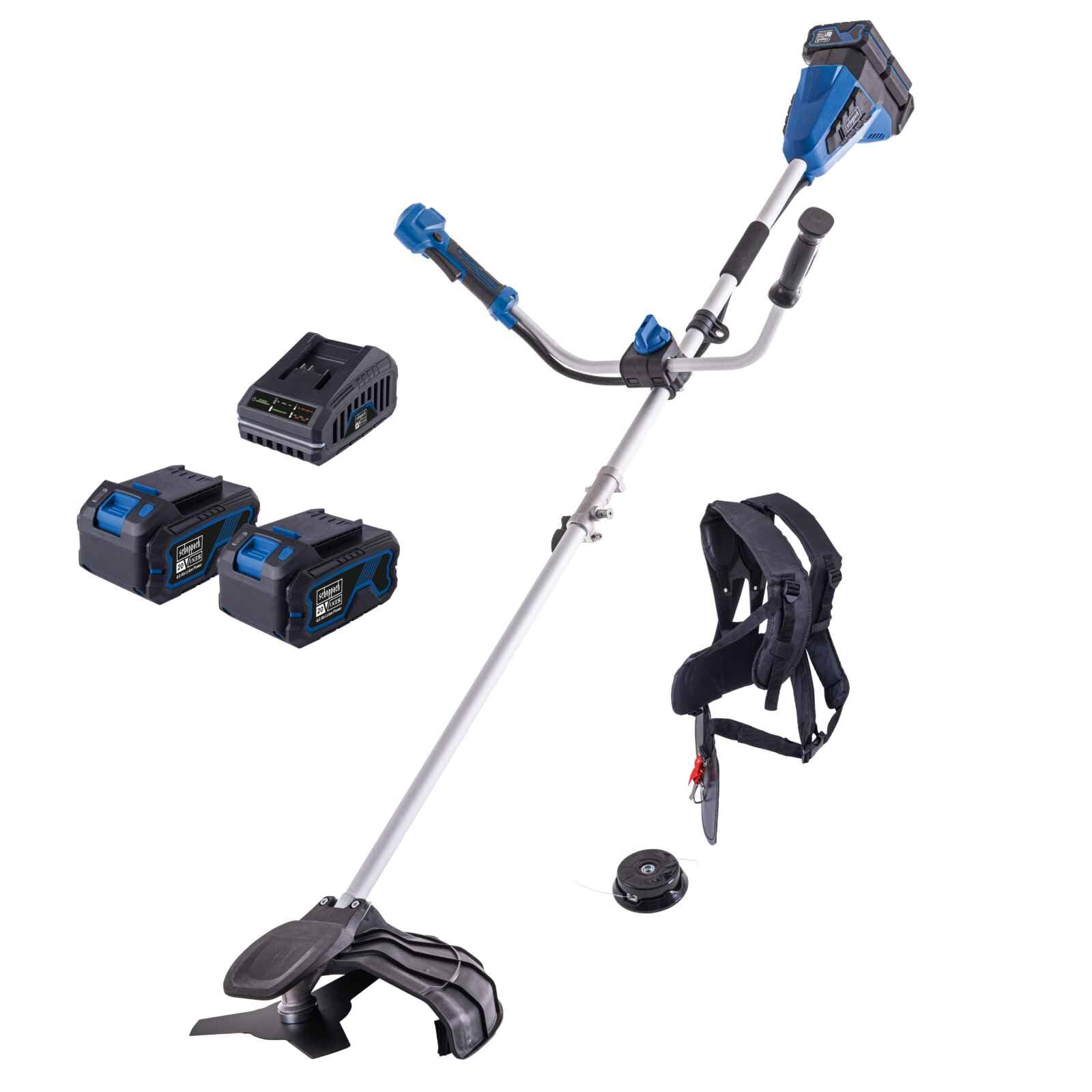 Scheppach Desbrozadora inalámbrica BC-BCH380/40-X Set L2 sin escobillas, ancho de corte 38 cm, desbrozadora de 25,5 cm, hilo de 4 m/1,6 mm, 2 x 20 V, serie IXES de 20 V, incluye 2 baterías de 4 Ah +