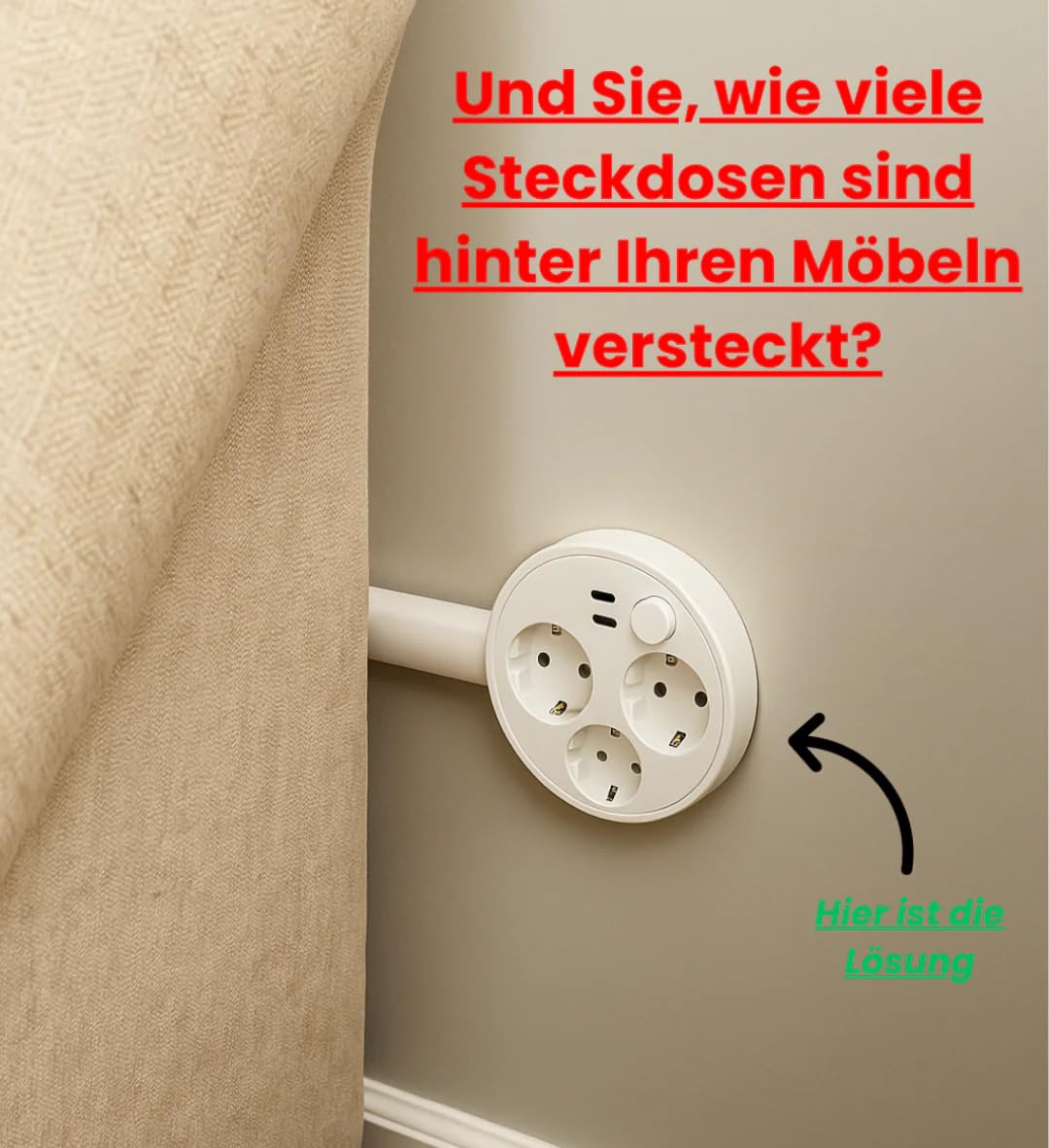 INIA – Erweiterbare und drehbare Steckdosenverlängerung Steckdosen - Verlängerung mit 360° schwenkbarer, ausziehbarer Verlängerungsstange 3 Fach Steckdose, 1 USB - A und 1 USB - C