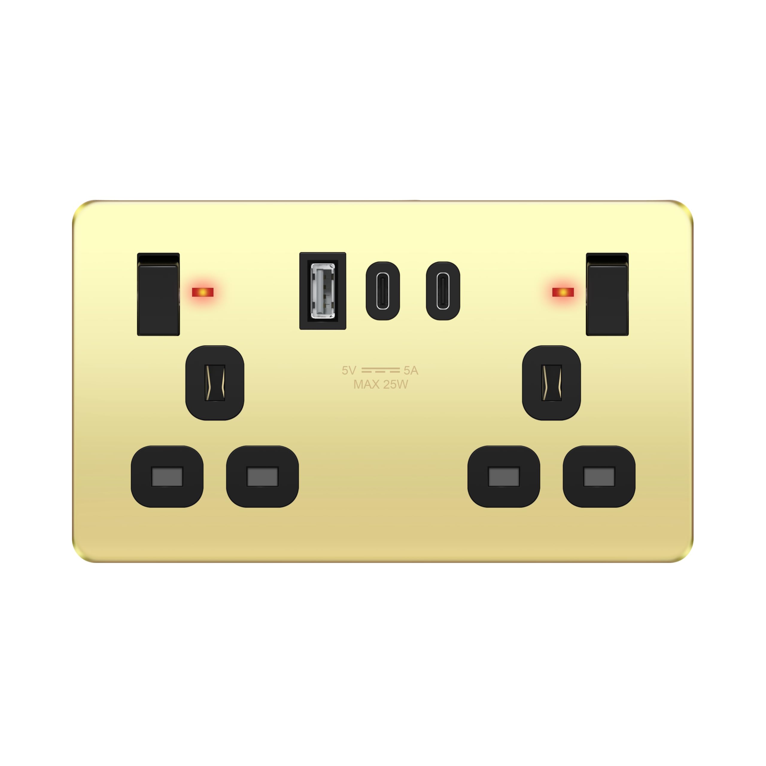 LIDER 2-Gang Switched Socket with USB TYPE C&A Ports, LED Power Indicator, Always-On USB Ports, 25W Combined Output, Stainless Steel, UKCA Certified, Polished Brass (Use a 35mm-deep back box)